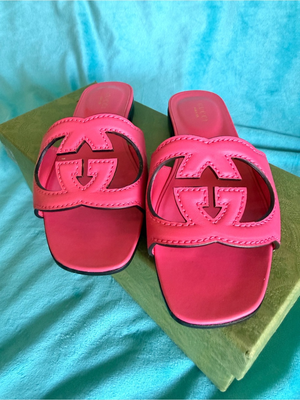 Gucci Hot Pink GG Cutout Leather Slide Sandals
